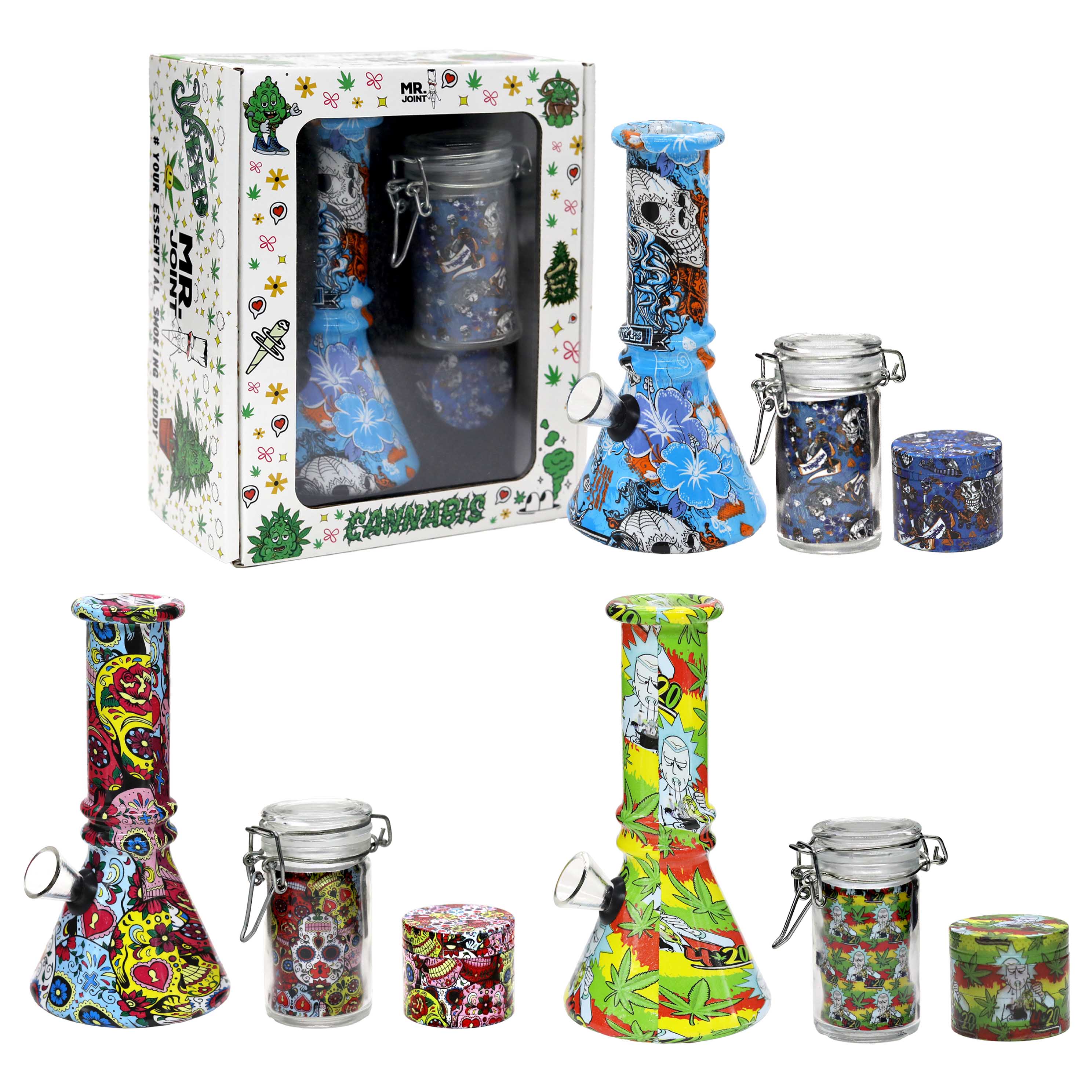 Mr.Joint 3 piece Grinder, Jar And Mini Waterpipe Set (OSH152/153) | 6 inch | Assorted Designs product image