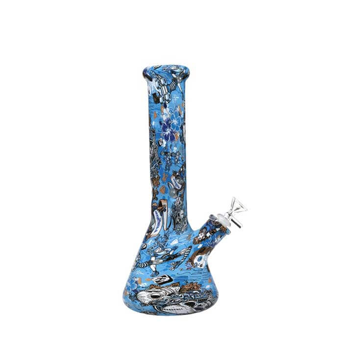 Free Gun Graffiti Blue Base 7mm Glass Beaker Waterpipe | 12 inch product image