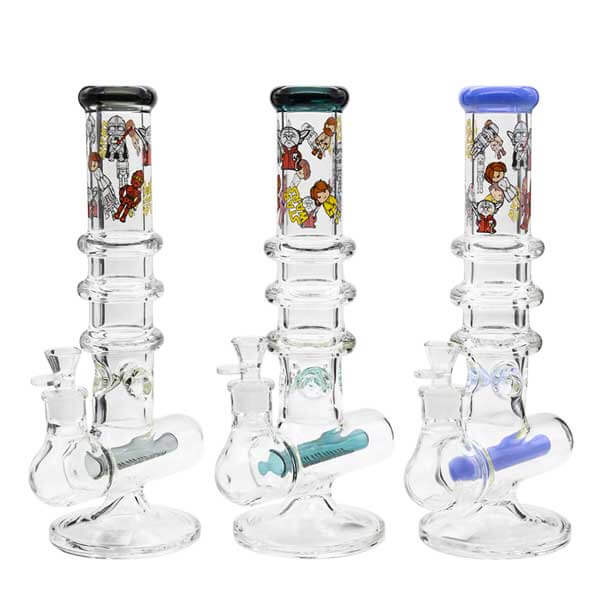 Ribbed Rings Star Inline Perc Waterpipe (ES-81219) | 14 inch | Assorted Colors product image
