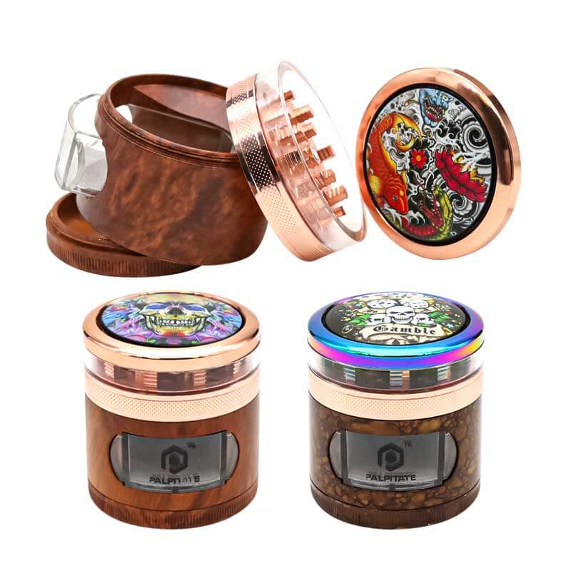 PALPITATE Spinning Sticker Top 4 Part Grinder with Pop-out Tray (MG-064) | 55mm | Assorted Colors product image