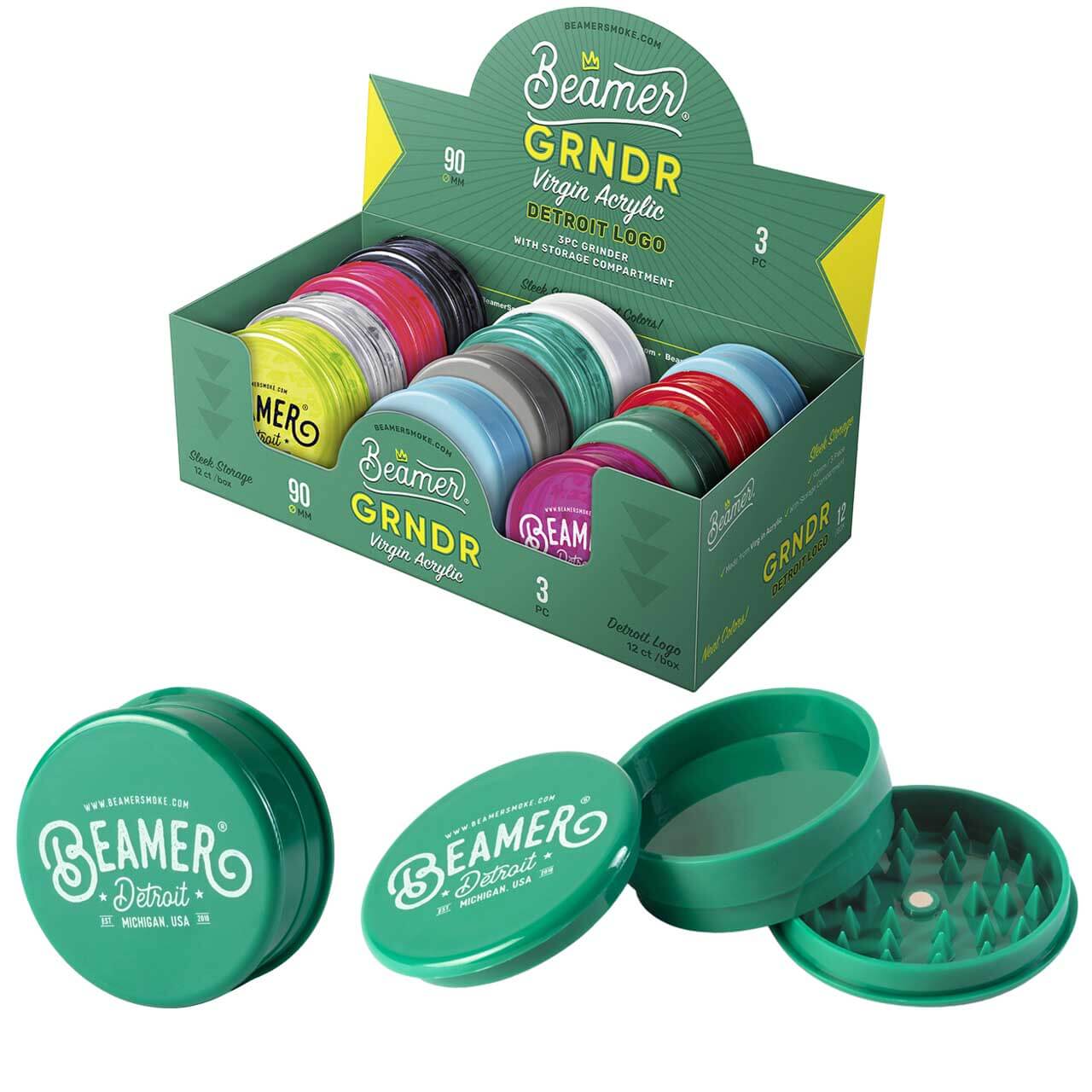 Beamer Virgin Detroit Logo 3 part Acrylic Grinder | 90mm | 12 Count Display | Assorted Colors product image