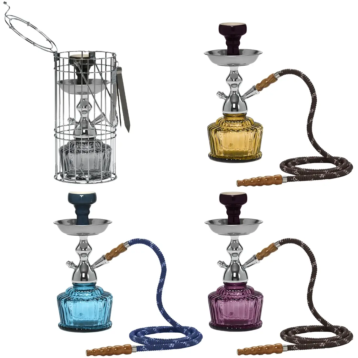 MYA Chrome Set In A Wire Basket (QT-265) One Hose Hookah | 14 inch | Assorted Colors product image