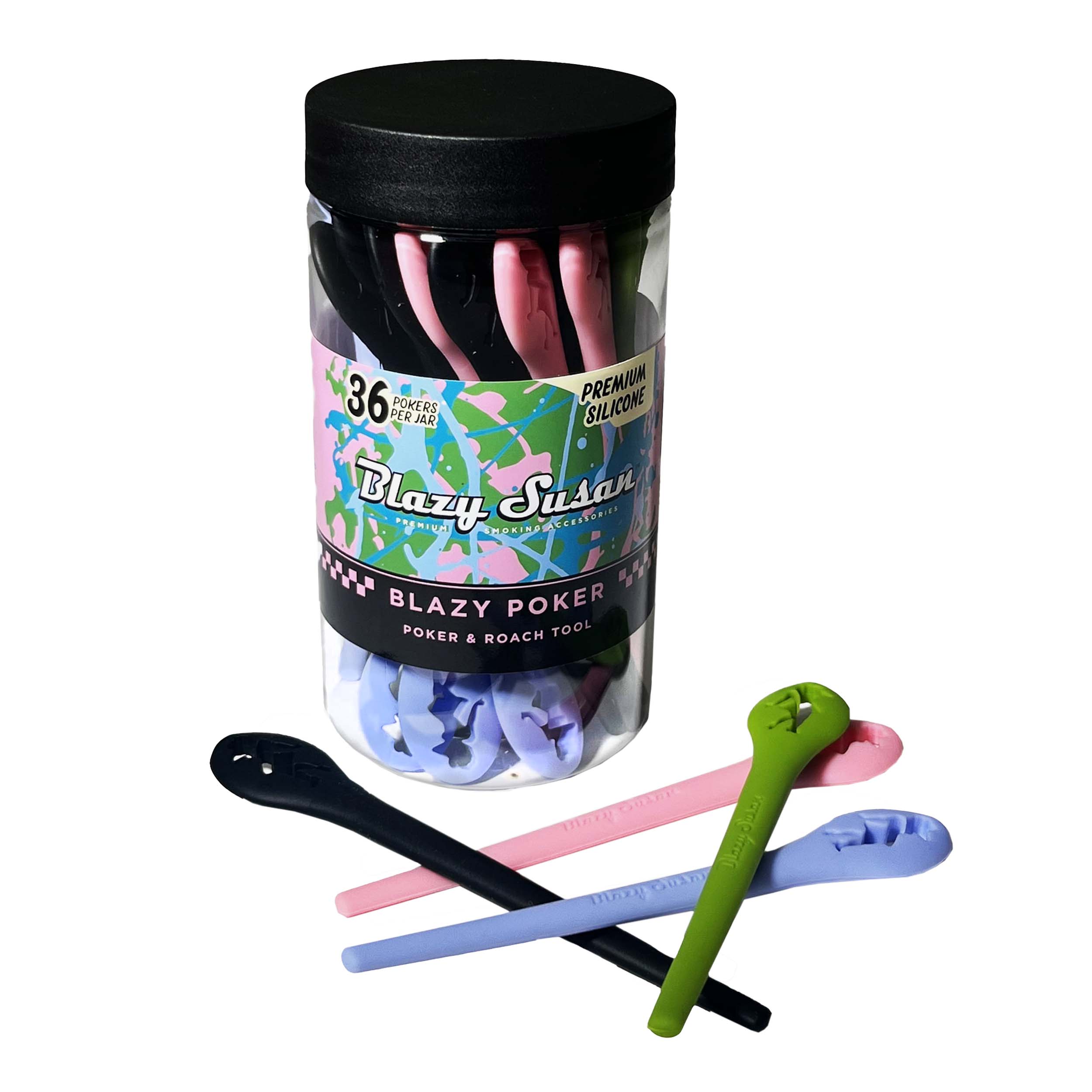 Blazy Susan Silicone Poker And Roach Tool | 36 Count Jar | Assorted Colors product image