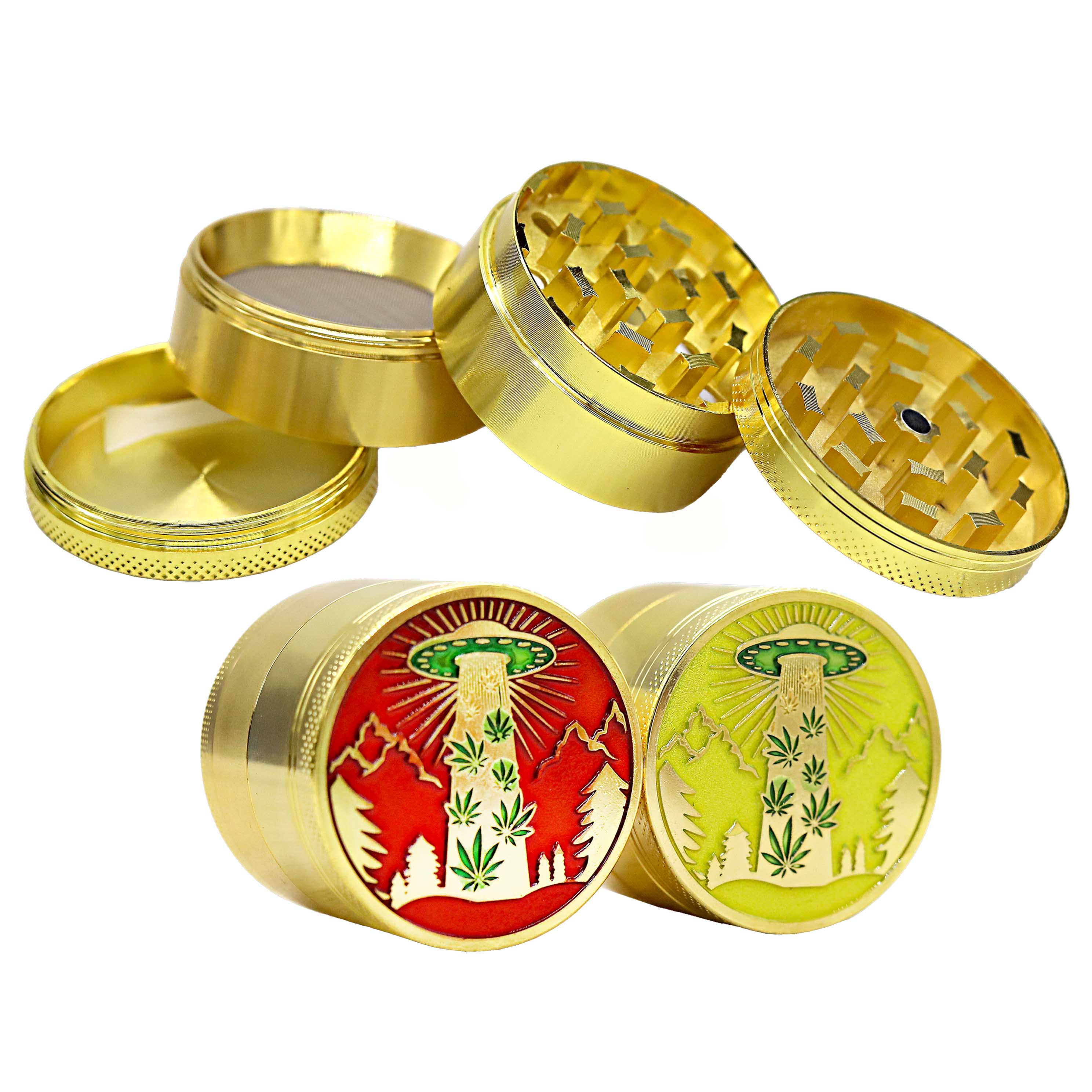 Tuff Shredder Gold Plated UFO Design With Leaf 4 Part Grinder (TS1040) | 50mm | Assorted Colors product image