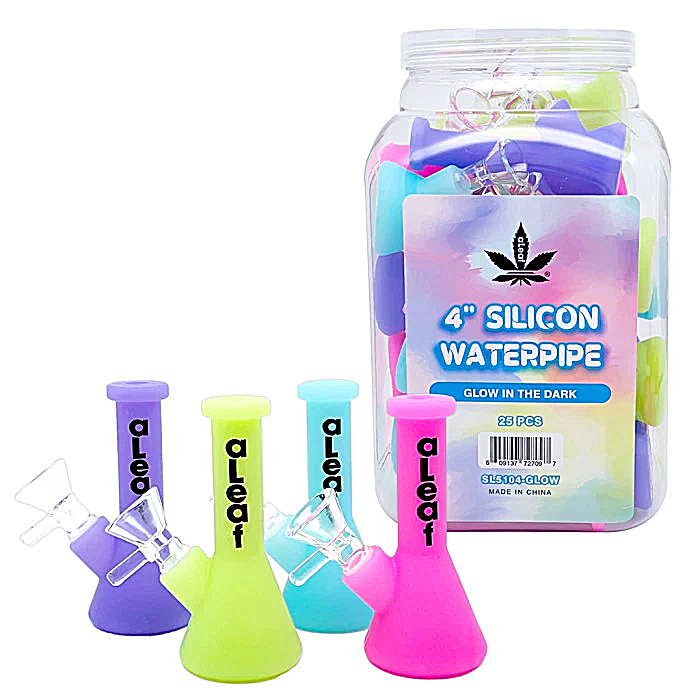 ALeaf Glow In The Dark Silicone Beaker Waterpipe (SL5104-GLOW) | 4 inches | 25 Count Jar | Assorted Colors product image