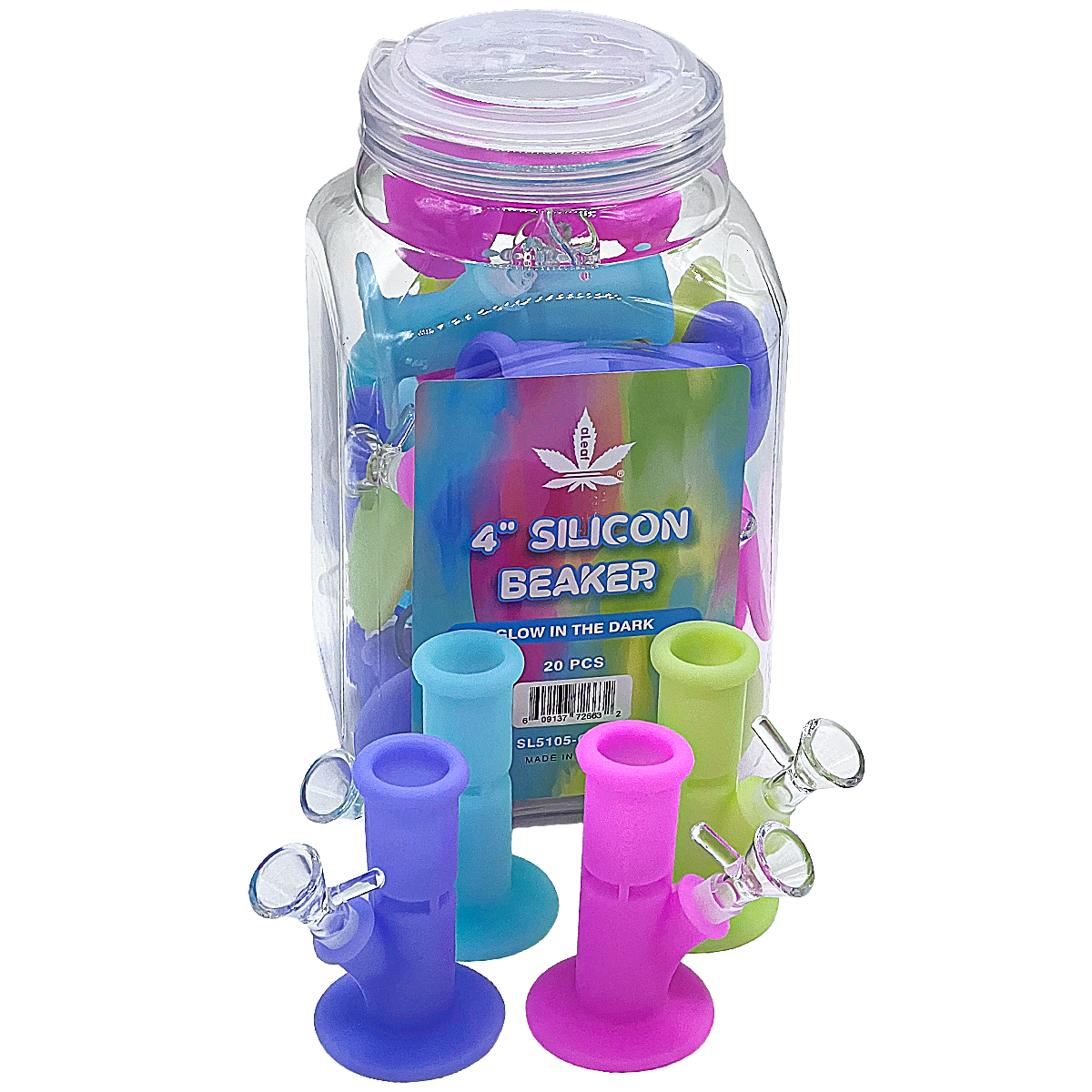 ALeaf Glow In The Dark Silicone Straight Waterpipe (SL5105-GLOW) | 4 inches | 20 Count Jar | Assorted Colors product image