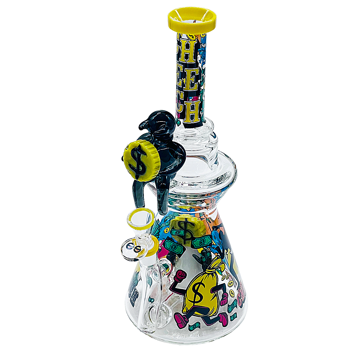 Cheech Hustler With Money Bags And Money Stacks All Over Beaker Waterpipe (CHE-428) | 13 inches | Assorted Colors product image