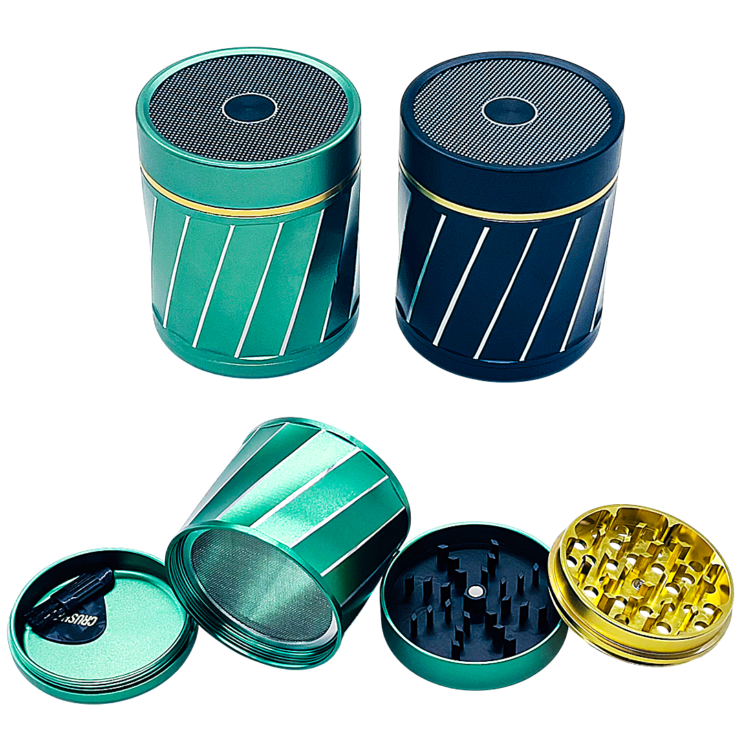 Crushers Cylindrical Shaped With Diagonal Strips And Gold Tone Accent Ring 4 Part Grinder (GR574) | 63mm | Assorted Colors product image