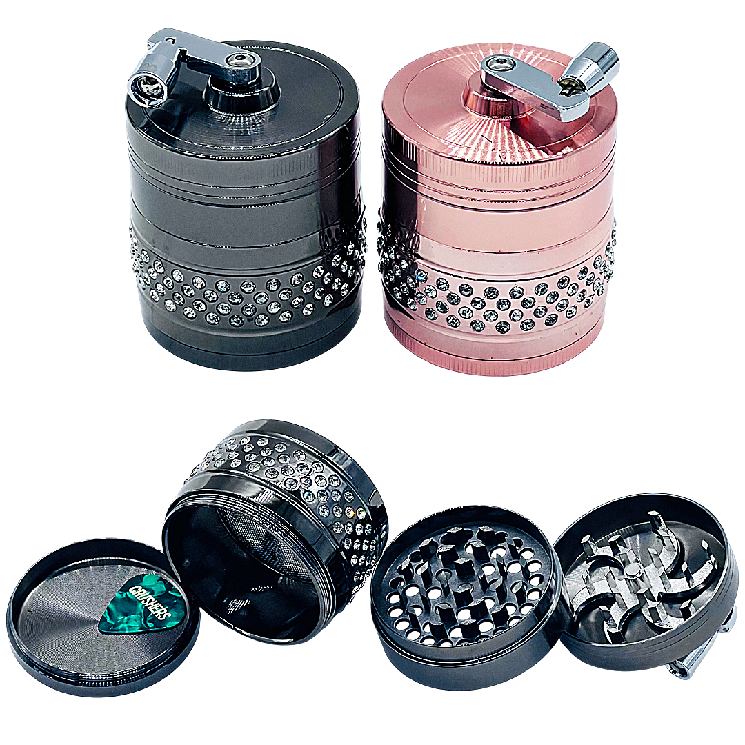 Crushers Hand Crank Top And Embellished Rhinestone Band Around The Center 4 Part Grinder (GR590) | 63mm | Assorted Colors product image