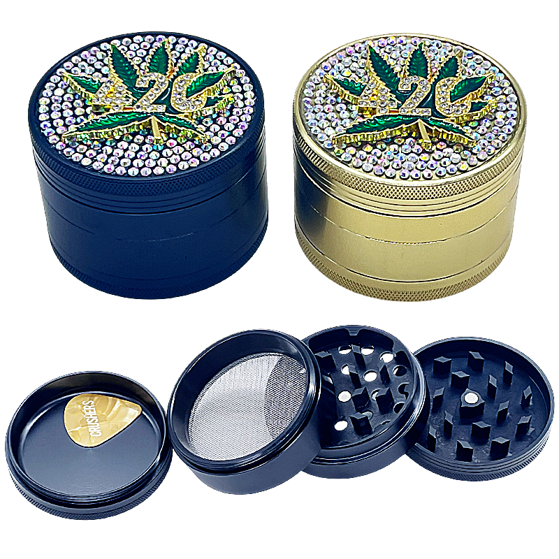 Crushers Head With Full Jewels Studded 420 Leaf Design 4 Part Grinder (GR572) | 63mm | Assorted Colors product image
