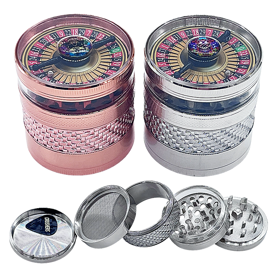Crushers Spinning Roulette Wheel Game With Skull Head Top See Through Metallic 4 Part Grinder (GR528) | 63mm | Assorted Colors product image