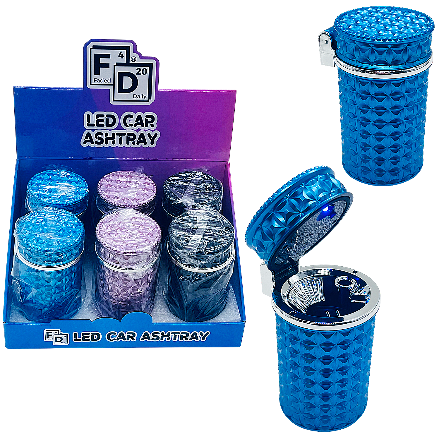 Faded Daily Mixed Designs LED Car Ashtray (FDX5138) | 6 Count Display - image 1 of 2