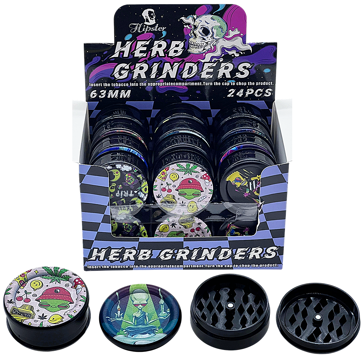 Hipster 3 Part Mixed Character Designs Black Base Acrylic Herb Grinder (XK005) | 63mm | 24 Count Display product image