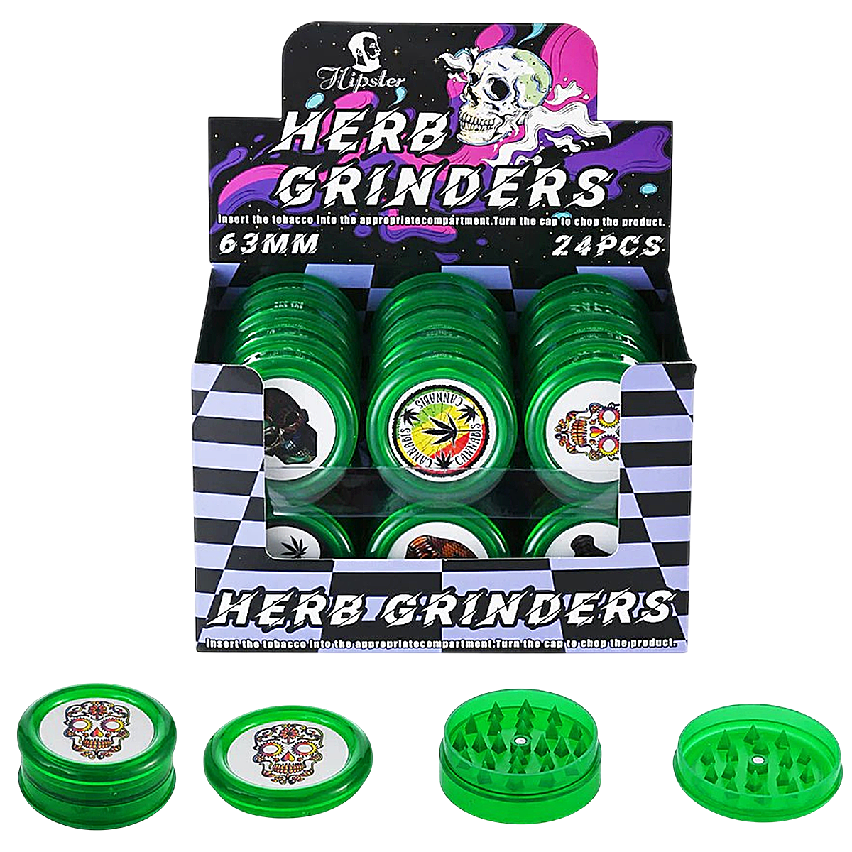Hipster 3 Part Sugar Skull Designs Acrylic Herb Grinder (XK002) | 63mm | 24 Count Display product image