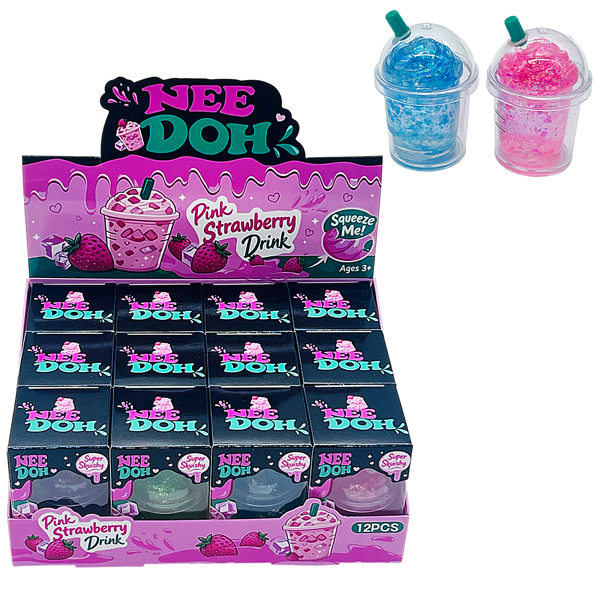 Nee Doh Pink Strawberry Drink Glittery Squishy Toy | 12 Count Display product image