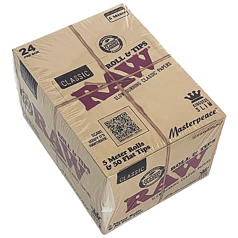 Raw Masterpiece Classic Rolls & Tips King Size Slim | 5 Meter Rolls & 50 Pre-rolled Tips | 24 Count Display product image