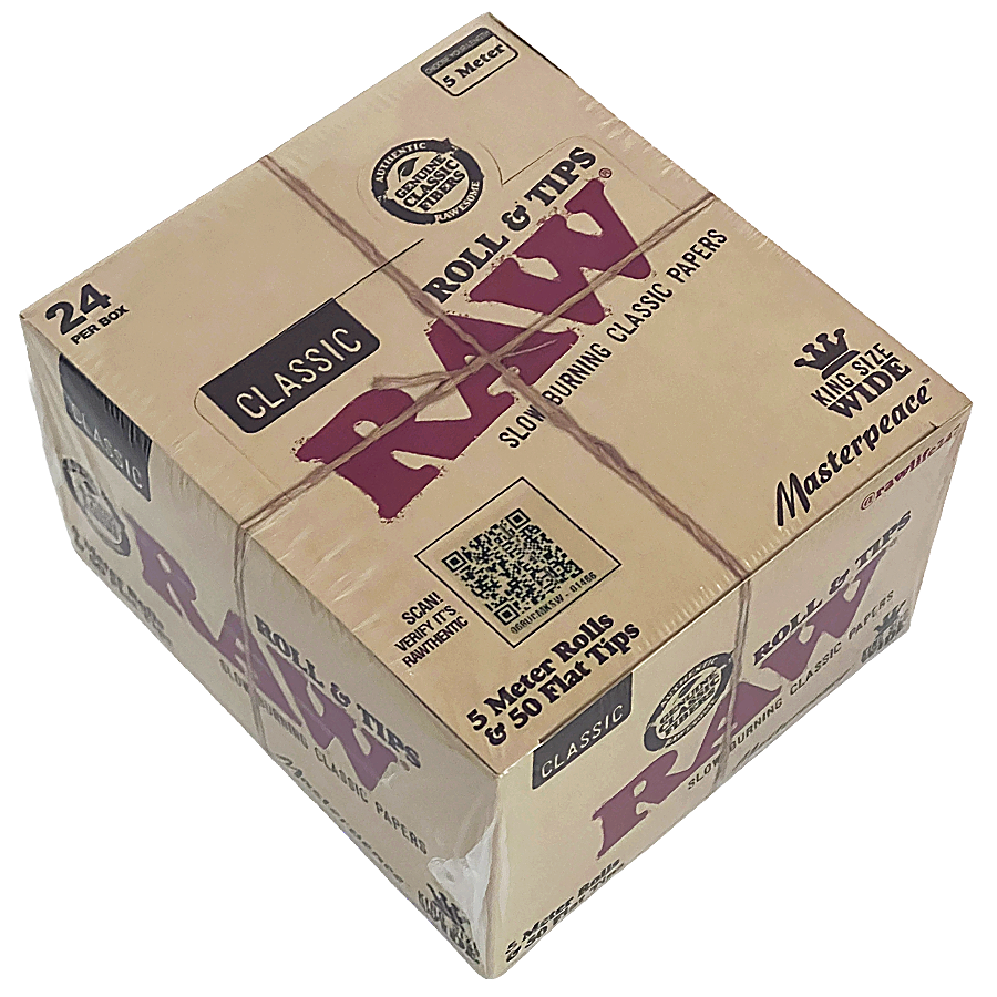 Raw Masterpiece Classic Rolls & Tips King Size Wide | 5 Meter Rolls & 50 Pre-rolled Tips | 24 Count Display product image
