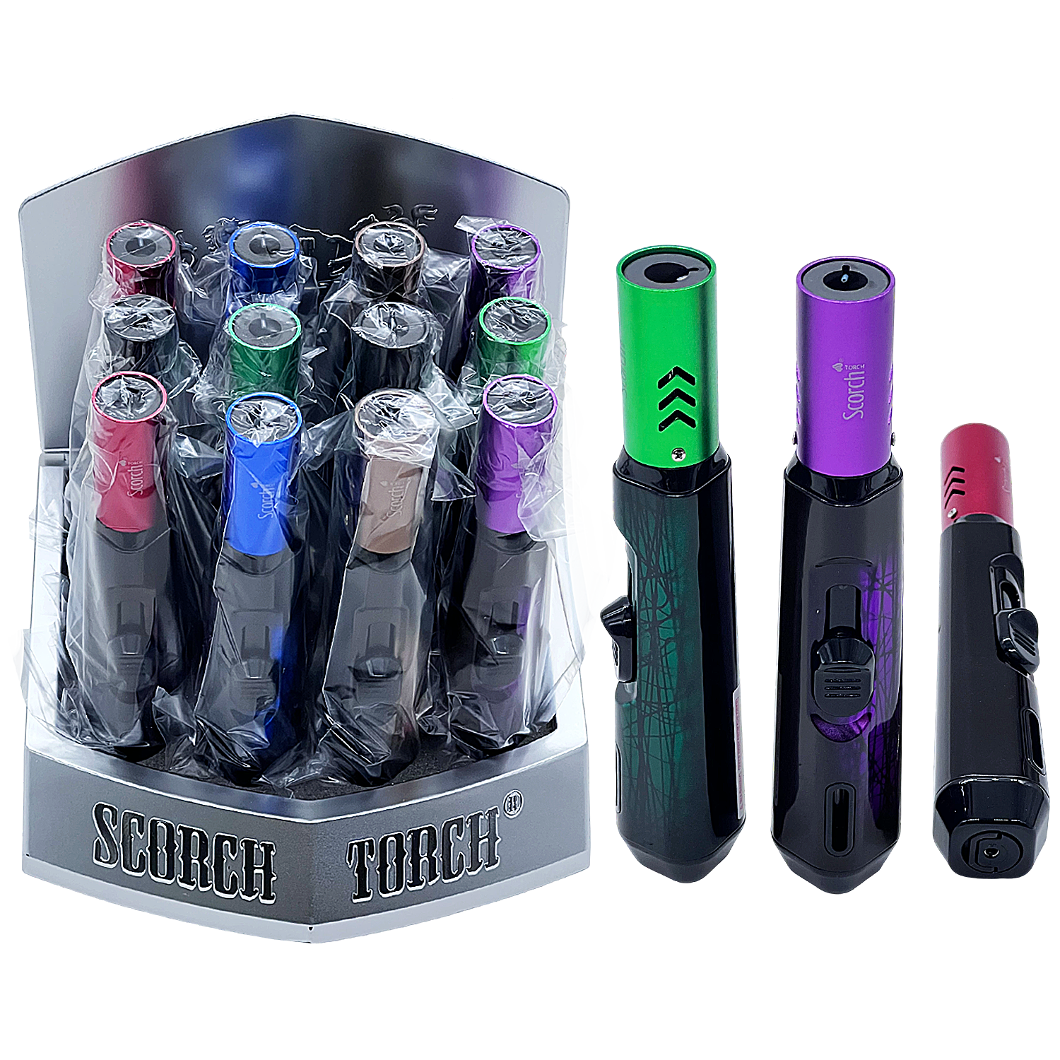 Scorch Hold Button Abstract Design Single Flame Torch Lighter (61681-1) | 6.25 Inches | 12 Count Display product image