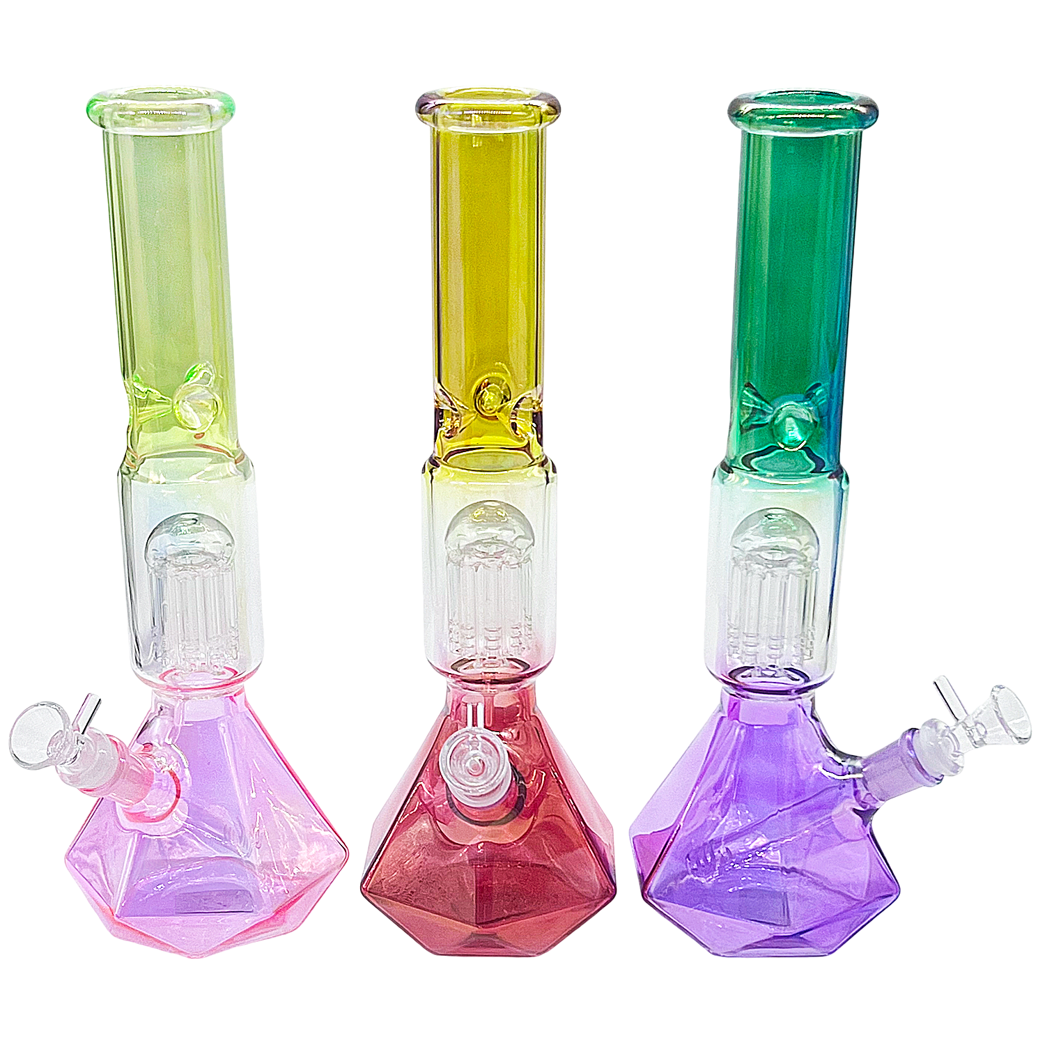 Triple Shaded Tree Arm Perc With Diamond Shaped Base Beaker Waterpipe (WPM0746) | 14 inches | Assorted Colors product image